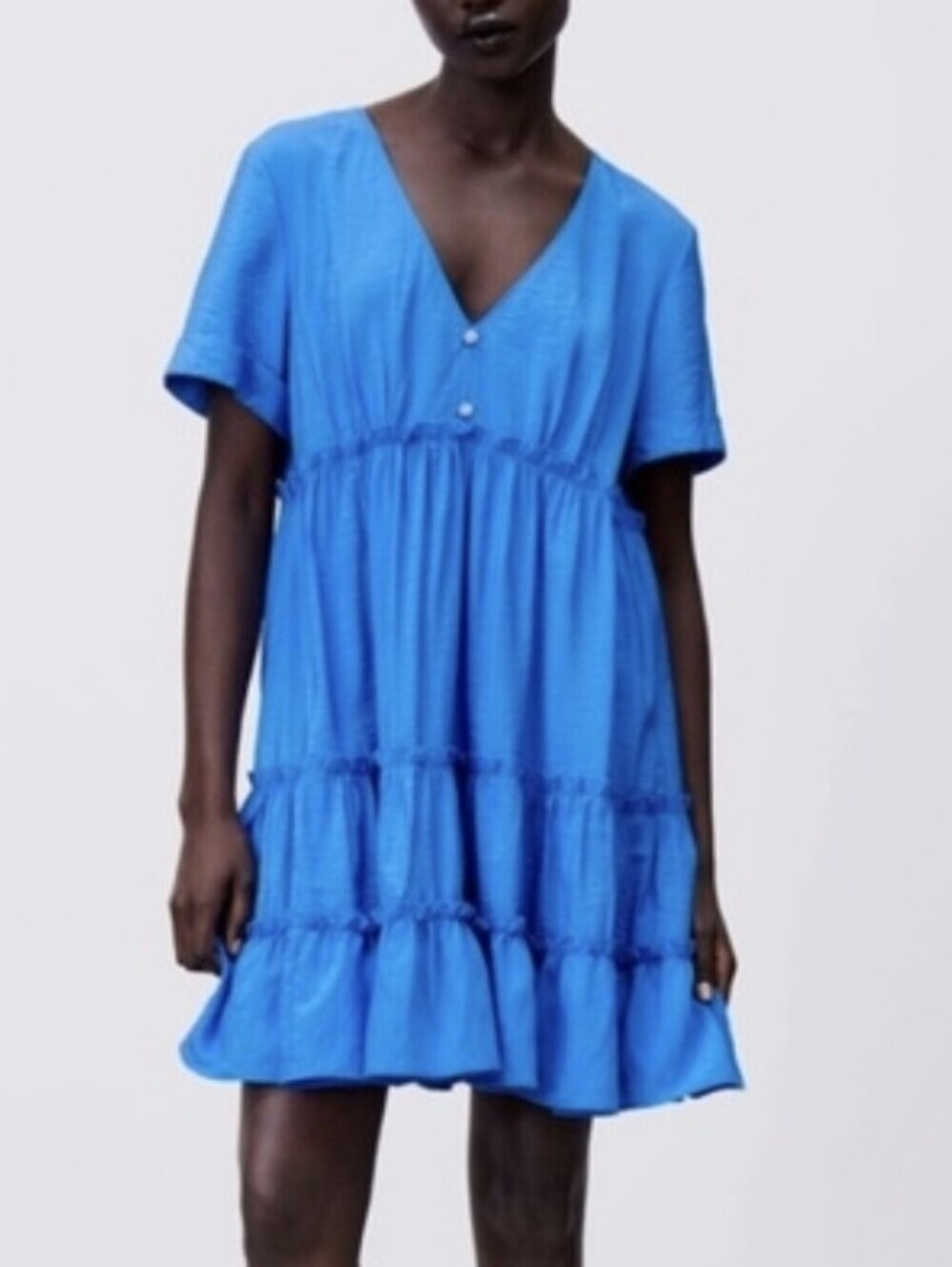 Zara Blue Tiered V Neck Dress - Picture 1 of 10